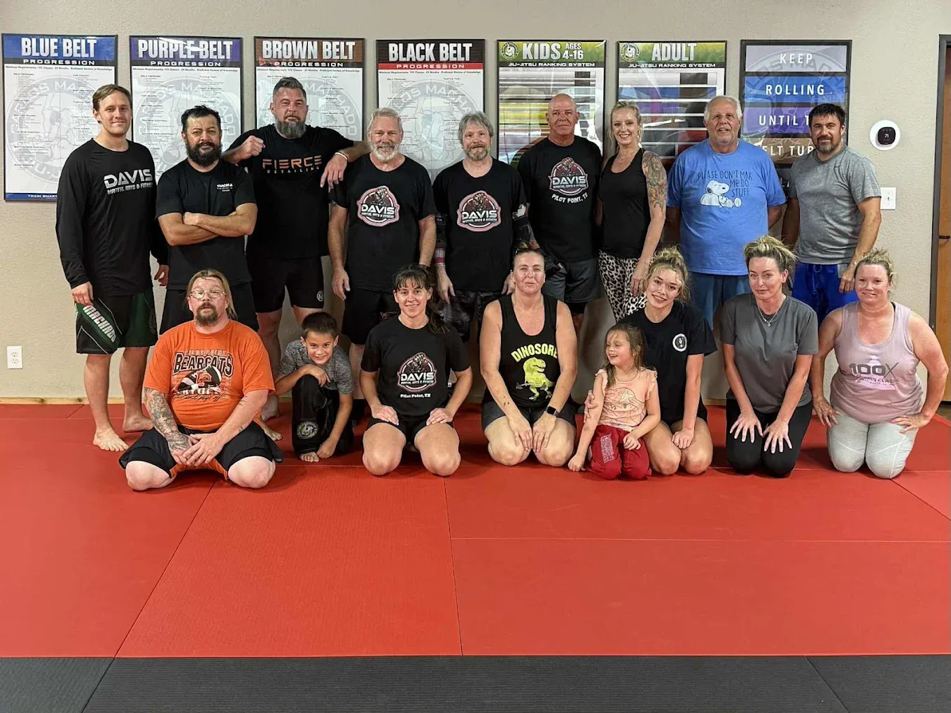 Members of all ages, from young children to grandparents, together on the mat at Davis Martial Arts & Fitness in Pilot Point, TX