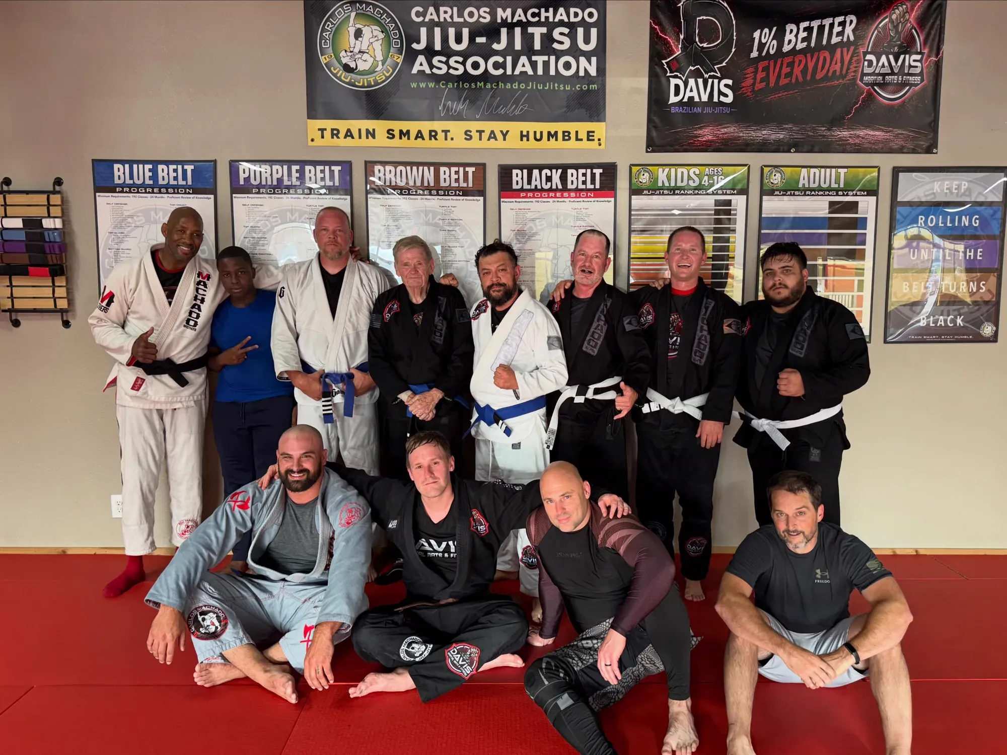 Students of mixed ages gathered beneath the Carlos Machado Jiu-Jitsu Association banner and the Davis Brazilian Jiu-Jitsu banner on the mat at Davis Martial Arts & Fitness in Pilot Point, TX