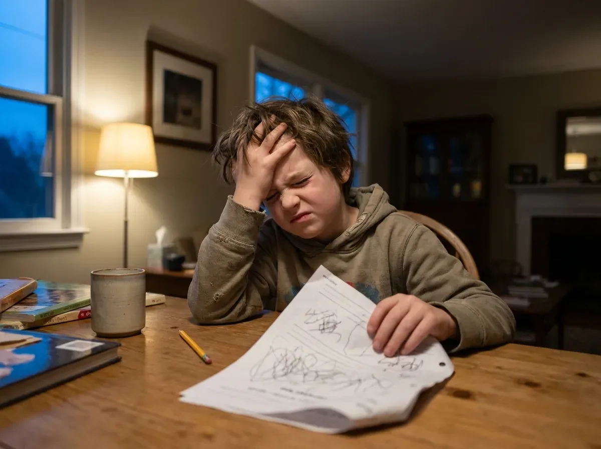 A young child at a home table in the evening, head resting on one hand, pushing away a scribbled worksheet in frustration