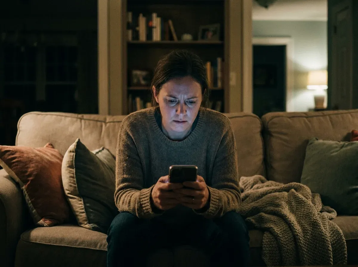 A parent sitting alone on a couch at night, face lit by a phone screen, looking worried