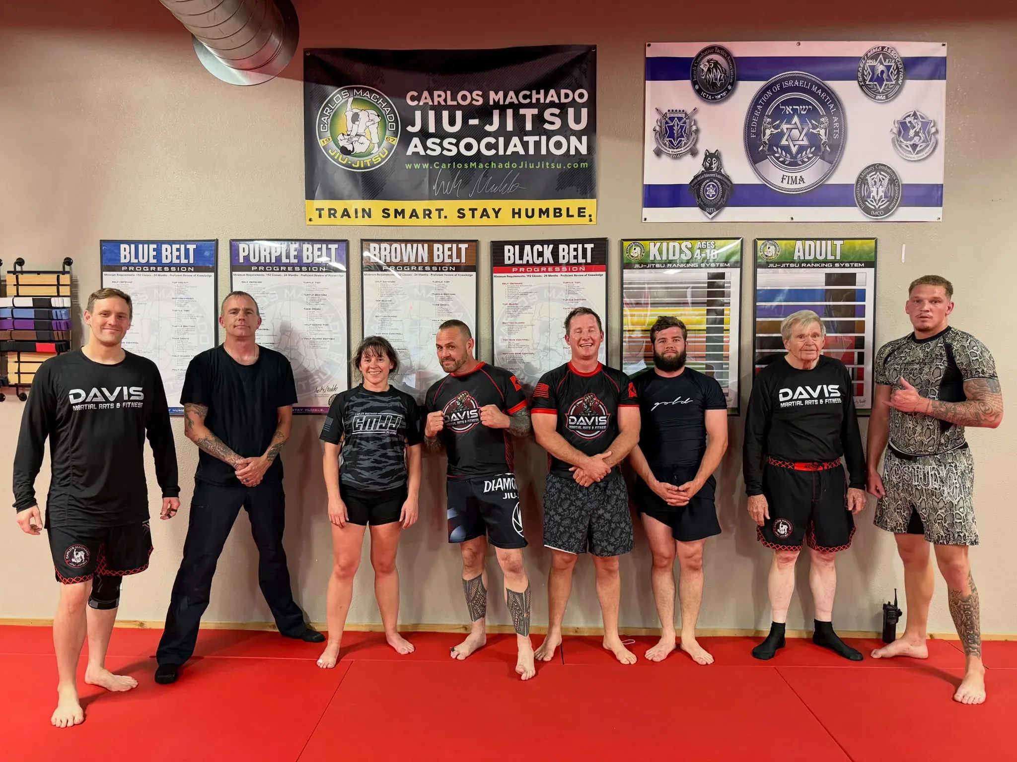 The Davis Martial Arts & Fitness team gathered under the Carlos Machado Jiu-Jitsu Association banner in Pilot Point